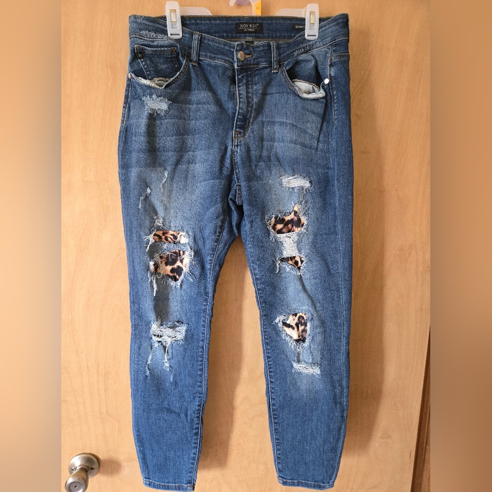 Distressed Blue Jeans with Leopard Print Accents